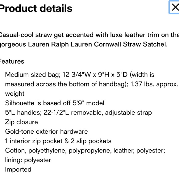 Lauren Ralph Lauren Cornwall Straw Satchel NEW! - Picture 8 of 8